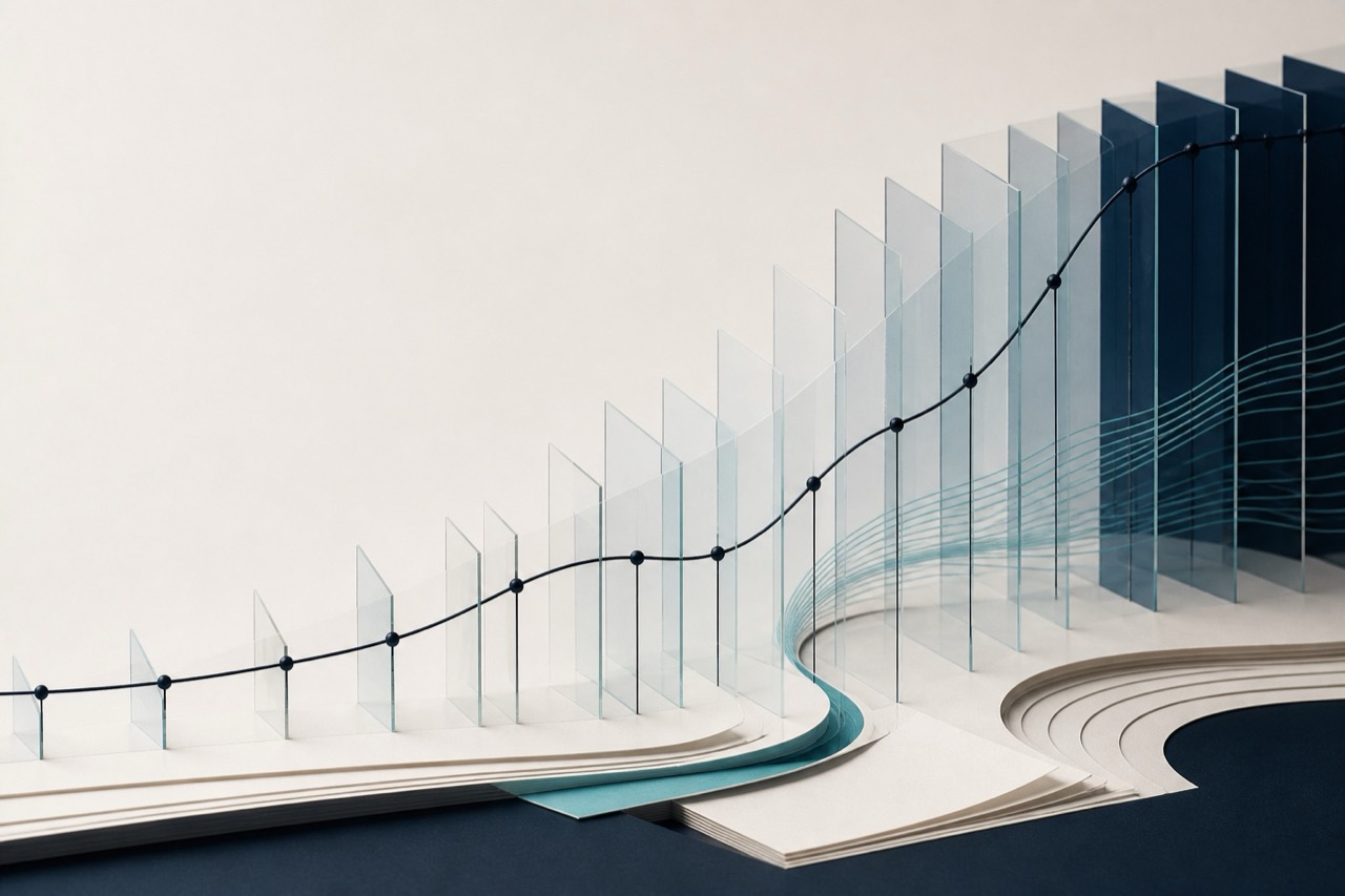 A rising surprise contour crossing a field of layered chord planes.
